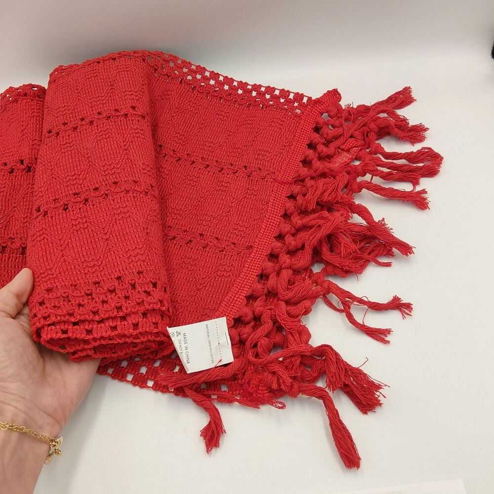 Red table runner with tassels boho macrame style 48 inch long cotton blend